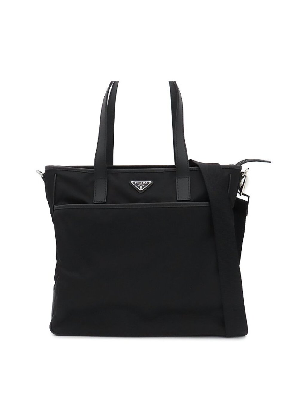 Prada Tote Black Silver Tessuto Leather Triangle Logo 2-Way Handbag